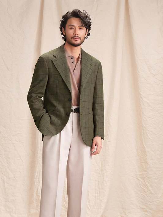 Blazer single breasted, desestruturado com lapela notched, lã mista - Verde Windowpane - CULTUM