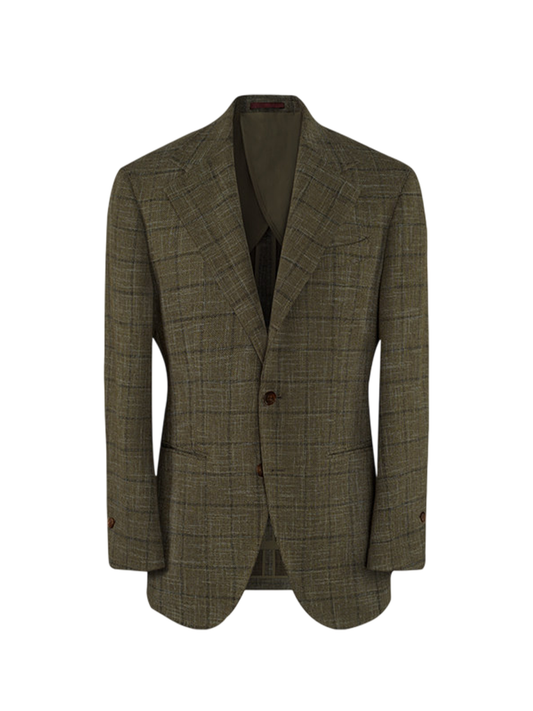 Blazer single breasted, desestruturado com lapela notched, lã mista - Verde Windowpane - CULTUM