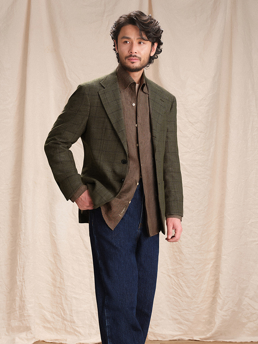 Blazer single breasted, desestruturado com lapela notched, lã mista - Verde Windowpane - CULTUM