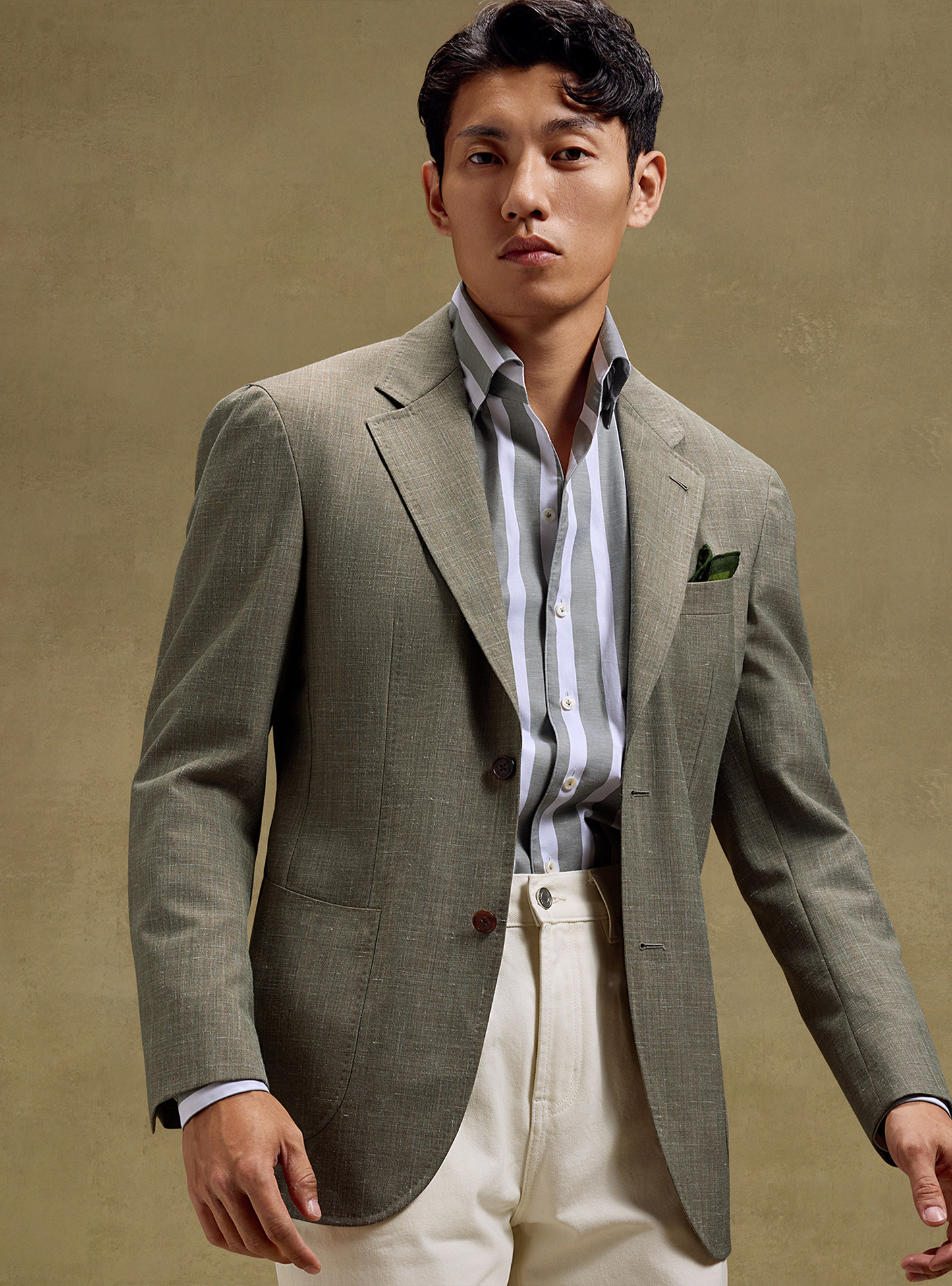 MT GERALD - Blazer desestruturado em lã mista com linho, lapela notched e bolsos patch - Verde Fendi SKR