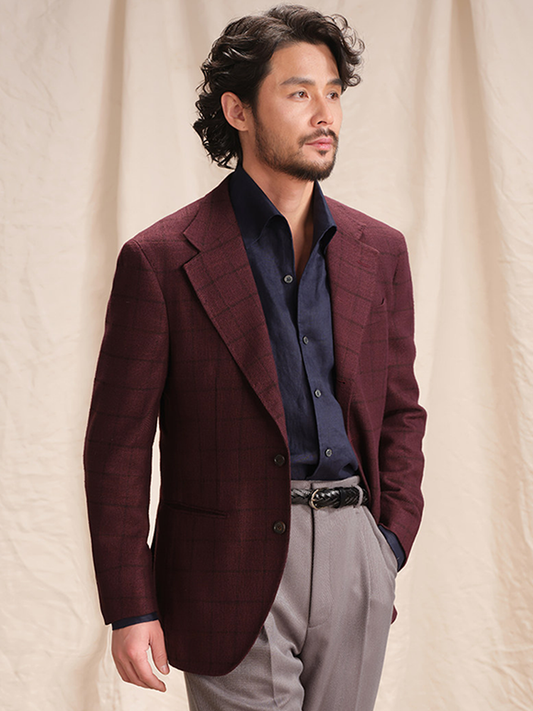 Blazer single breasted, desestruturado com lapela notched, lã mista - Bordô Windowpane - CULTUM