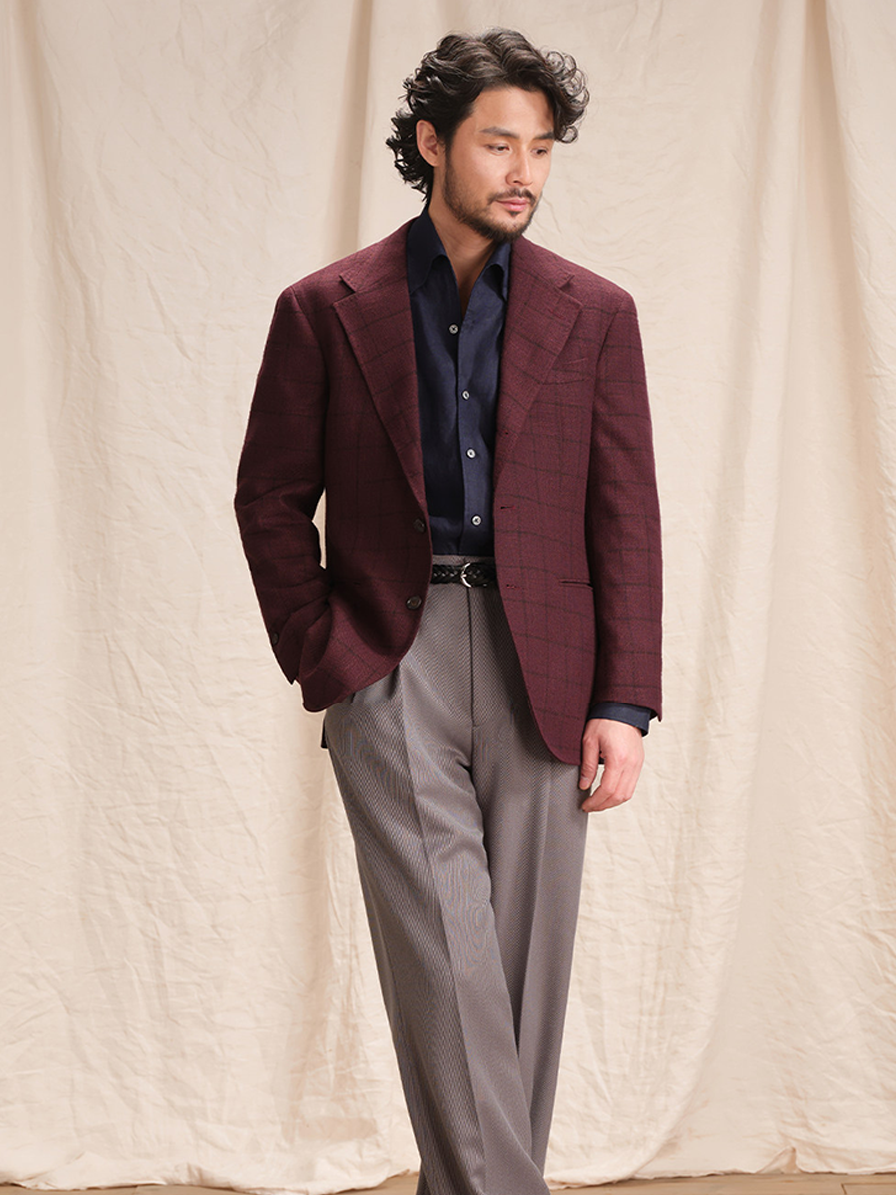 Blazer single breasted, desestruturado com lapela notched, lã mista - Bordô Windowpane - CULTUM