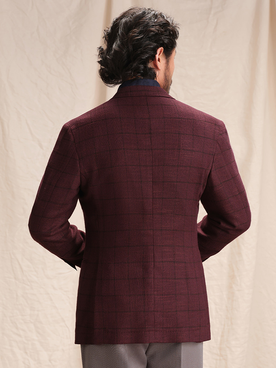 Blazer single breasted, desestruturado com lapela notched, lã mista - Bordô Windowpane - CULTUM