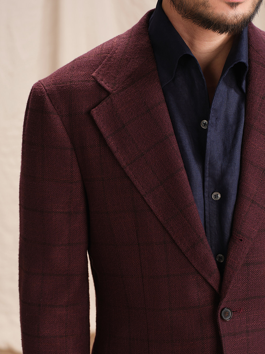 Blazer single breasted, desestruturado com lapela notched, lã mista - Bordô Windowpane - CULTUM