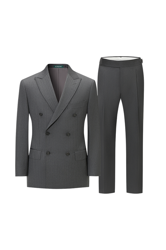 Lanifício Vitale Barberis Canonico - Costume double breasted 6x2, half canvas, lapela peak, em lã merino super 110 18.25 µ - Cinza médio espinha de peixe
