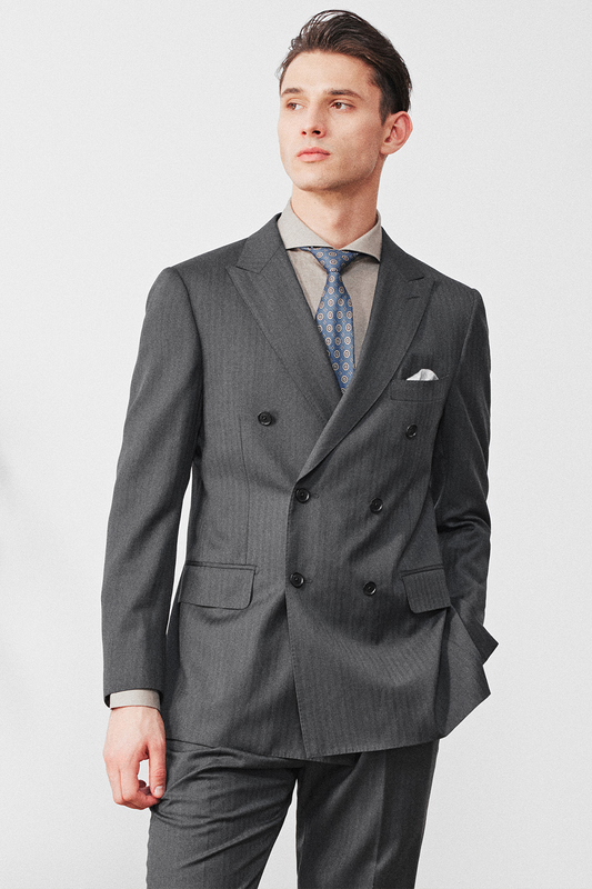 Lanifício Vitale Barberis Canonico - Costume double breasted 6x2, half canvas, lapela peak, em lã merino super 110 18.25 µ - Cinza médio espinha de peixe