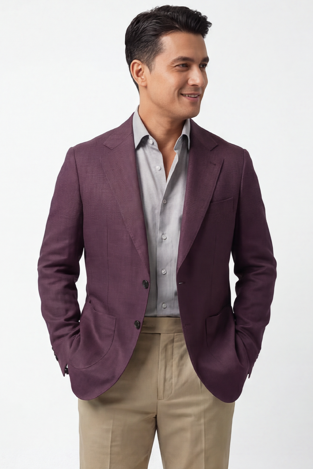 Blazer single breasted, em lyocell com linho, lapela notched - Burgundy PPR
