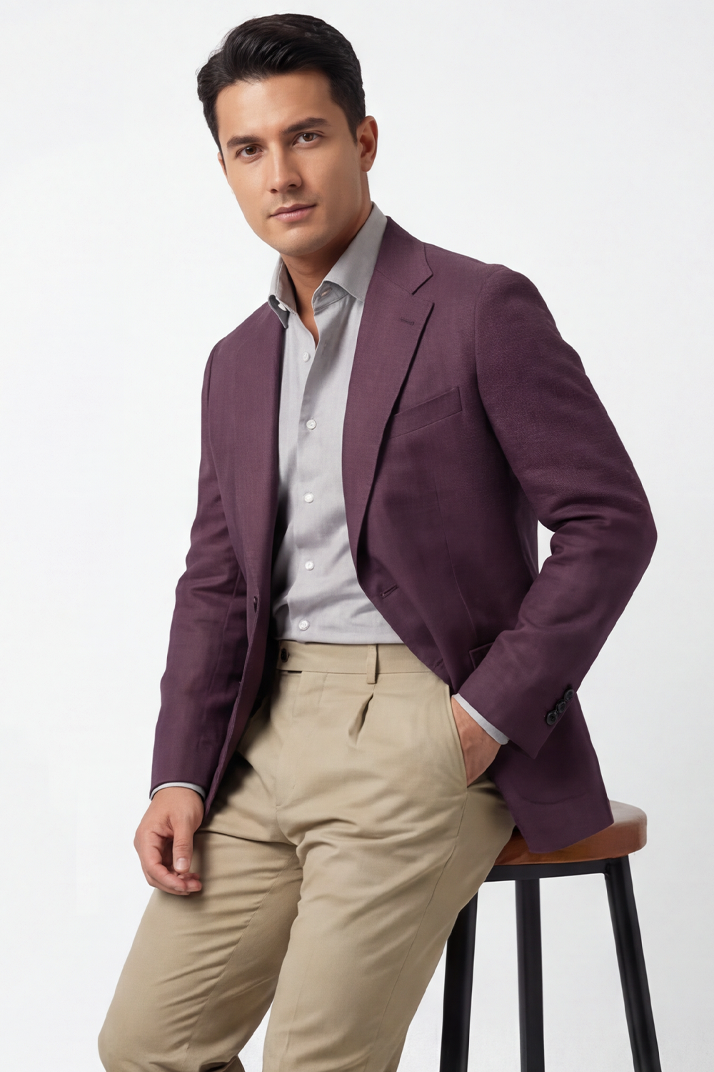 Blazer single breasted, em lyocell com linho, lapela notched - Burgundy PPR