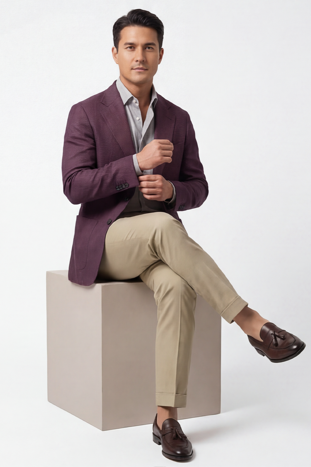 Blazer single breasted, em lyocell com linho, lapela notched - Burgundy PPR