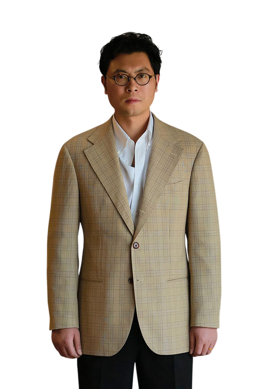 ATELIÊ MK MAN - Blazer half canvas, single breasted 3-roll-2, spalla camicia, em lã  super 120's, 17.75µ I 290 g - Príncipe de Gales Khaki aberto