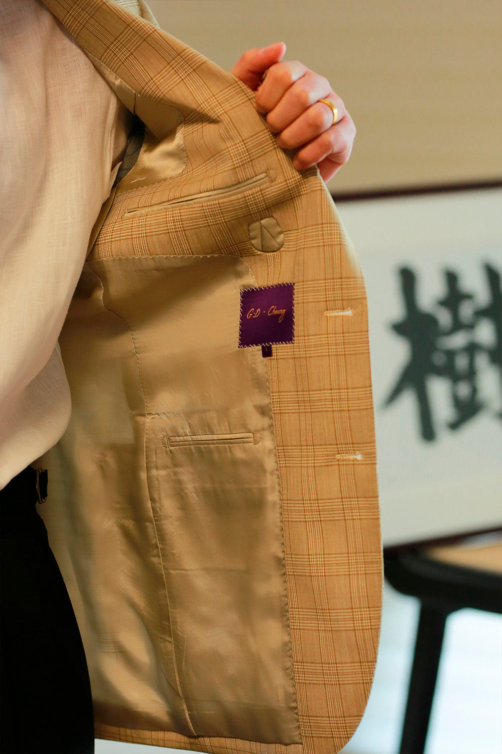 ATELIÊ MK MAN - Blazer half canvas, single breasted 3-roll-2, spalla camicia, em lã  super 120's, 17.75µ I 290 g - Príncipe de Gales Khaki aberto